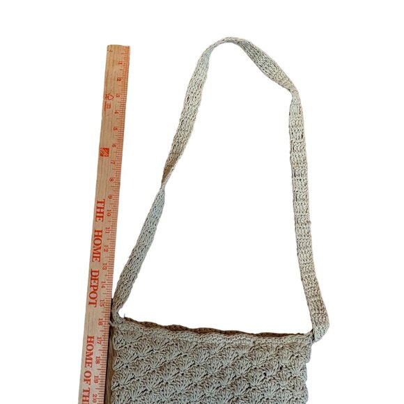 Crochet Beige & White Shoulder Bag Zipper Closures Bag Etc Lined Boho Retro - Picture 8 of 8